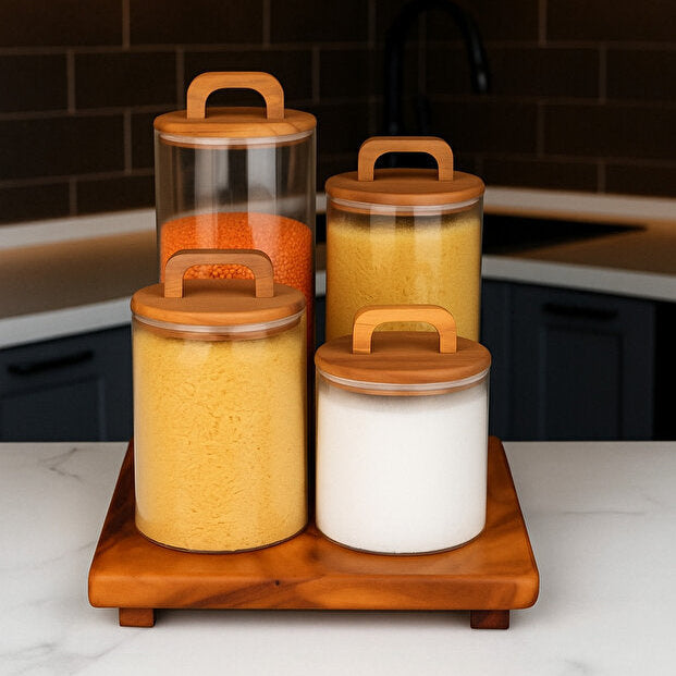 4 Pieces Acacia Lid Glass Storage Jar