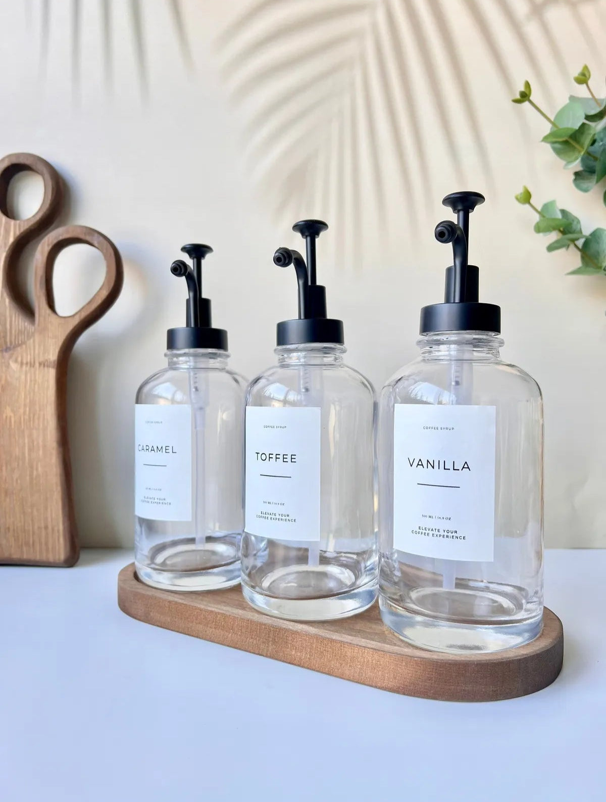 Coffee Syrup Set Dispenser With Wooden Base