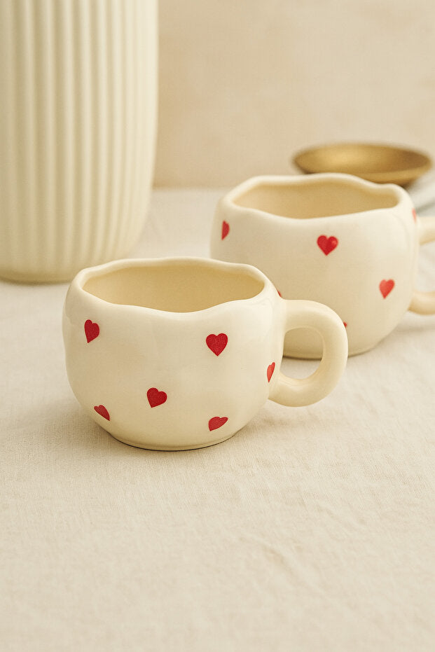 2 Piece Handmade Ceramic Red Hearts Mug / Cup