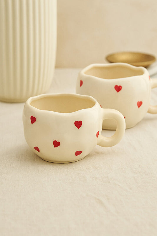 2 Piece Handmade Ceramic Red Hearts Mug / Cup