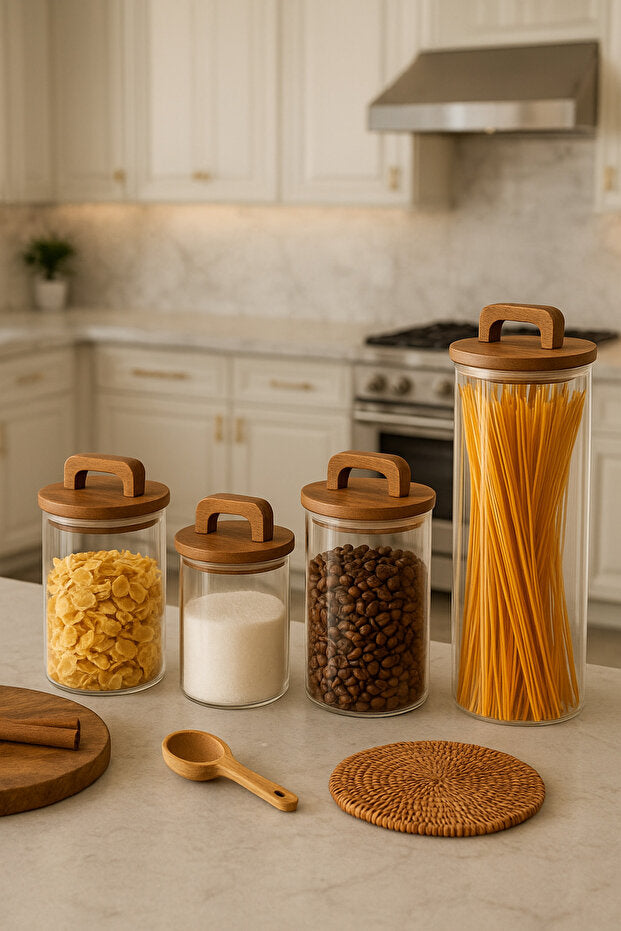 4 Pieces Acacia Lid Glass Storage Jar