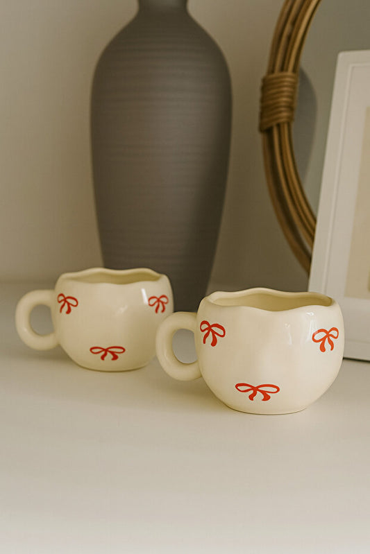 2 Piece Handmade Ceramic Red Bow Mug / Cup