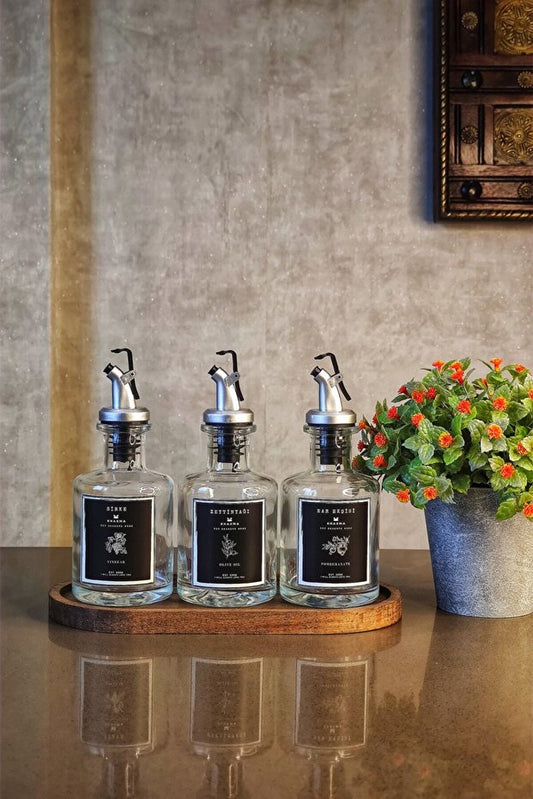 Wooden Stand Transparent 3 Piece 250 ml Oil Can - Black Label