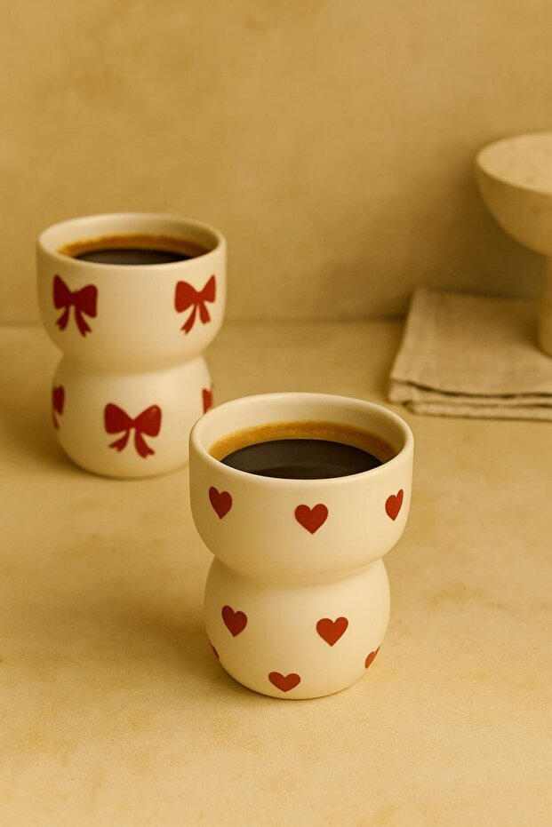2 Piece Handmade Ceramic Bow and Heart Octagonal Mug / Cup