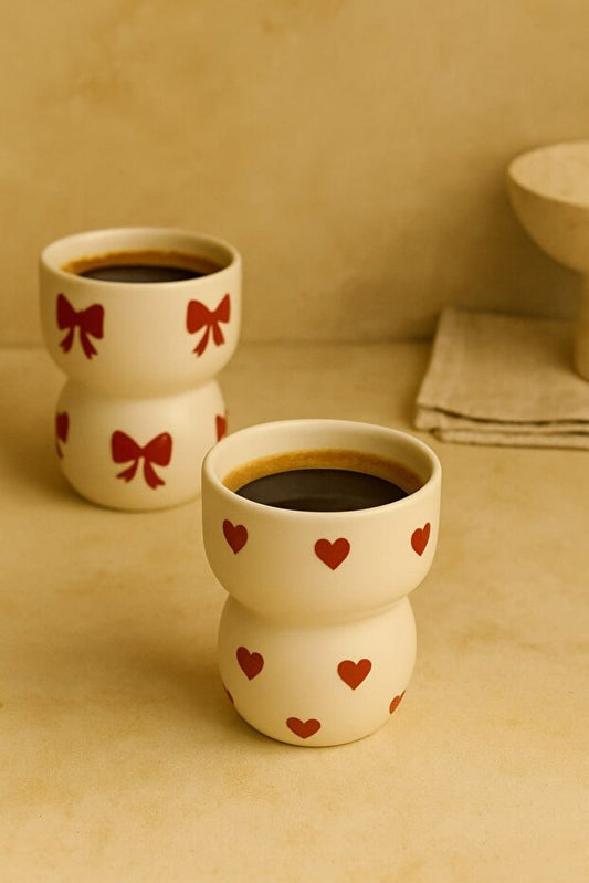 2 Piece Handmade Ceramic Bow and Heart Octagonal Mug / Cup