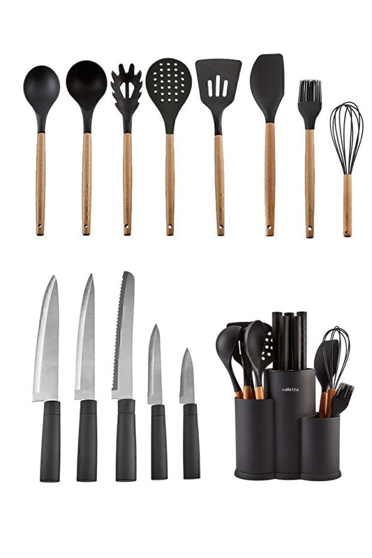 Katanga Black 14 Piece Serving and Knife Set with Stand