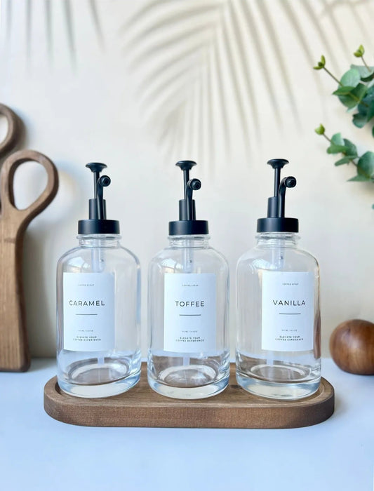 Coffee Syrup Set Dispenser With Wooden Base