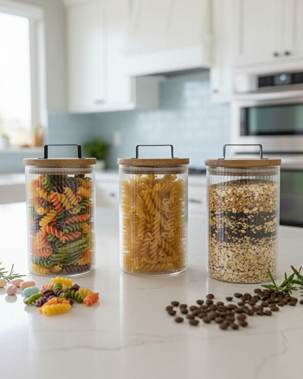 3 Pieces Acacia Lid Glass Storage Jar