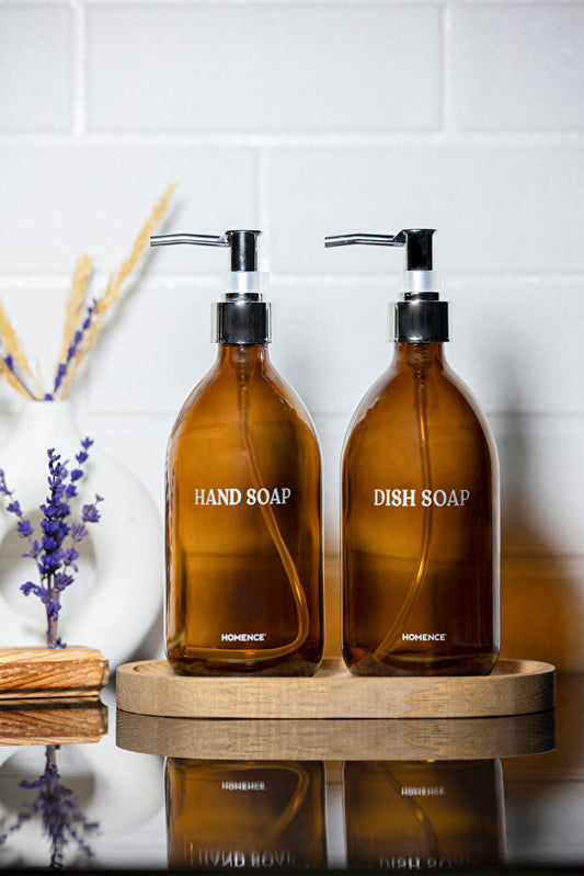 Soap Dispenser Set with Wooden Stand - Silver