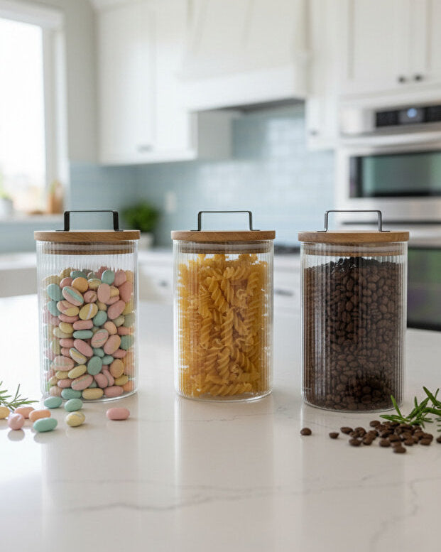 3 Pieces Acacia Lid Glass Storage Jar