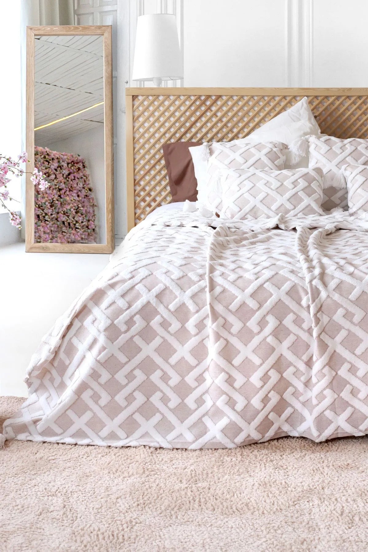 Elda Beige Scandinavian Bedspread Set Bohemian Pattern