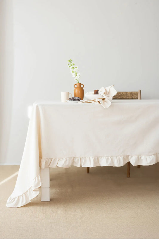 Linen Ruffle Beige Tablecloth