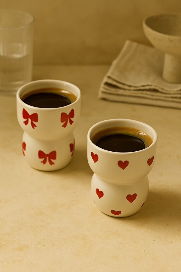 2 Piece Handmade Ceramic Bow and Heart Octagonal Mug / Cup