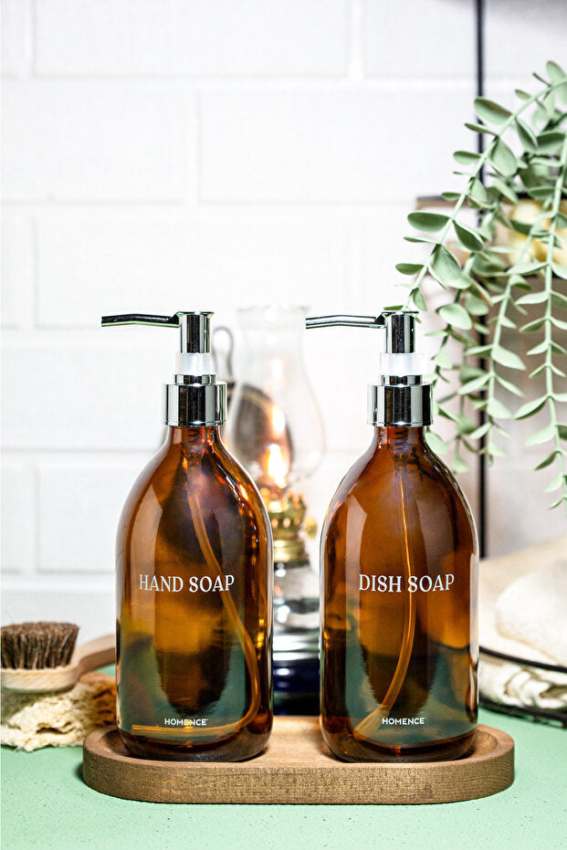 Soap Dispenser Set with Wooden Stand - Silver