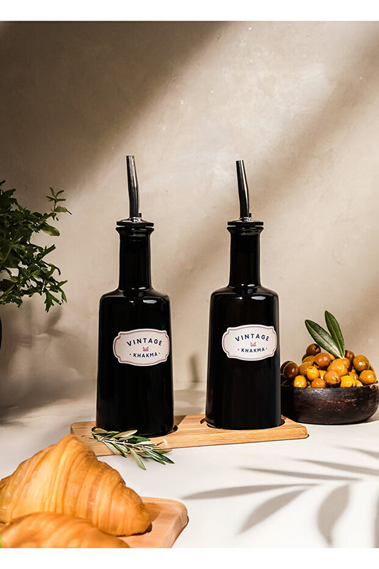 Wooden Stand 2 Piece Black Glass Oil Bottle | 200ml