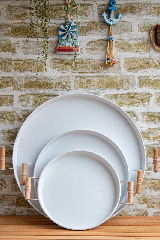 3 Piece Set Wooden Handle Metal Trays
