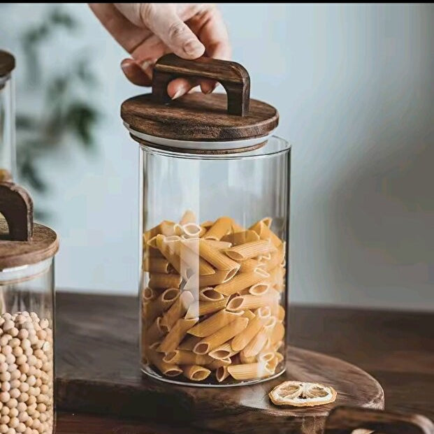 4 Pieces Acacia Lid Glass Storage Jar