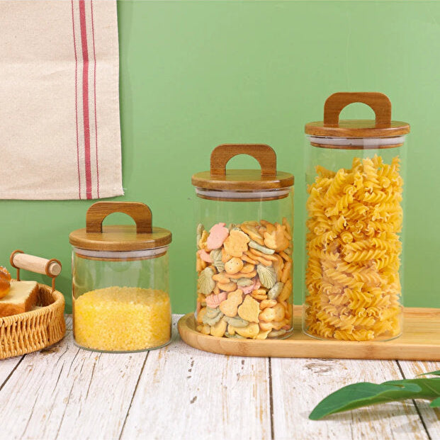 4 Pieces Acacia Lid Glass Storage Jar