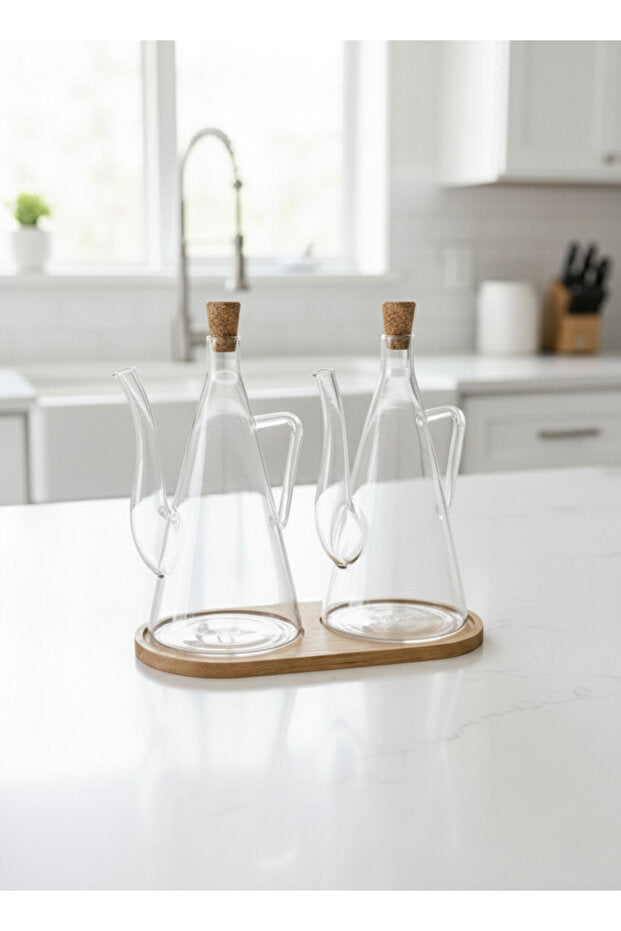 3 Piece Set Wooden Stand Wooden Lid Borosilicate Glass Oil Bottle (500 ml)