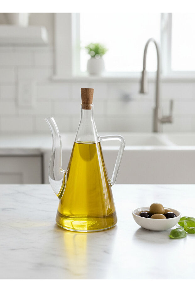 3 Piece Set Wooden Stand Wooden Lid Borosilicate Glass Oil Bottle (500 ml)