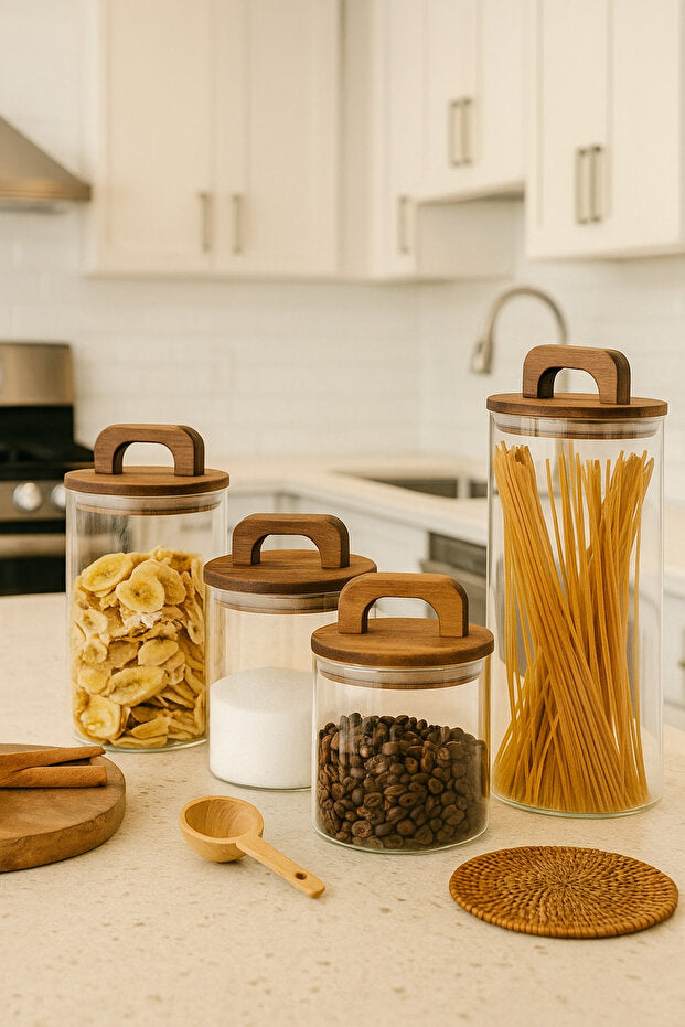 4 Pieces Acacia Lid Glass Storage Jar