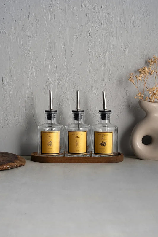 Wooden Stand Transparent 3 Piece 250 ml Oil Can - Gold Label