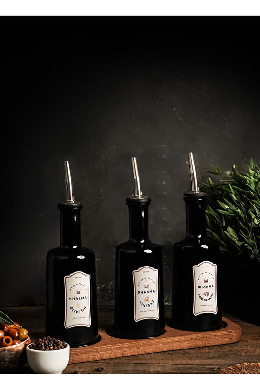 Set of 3 Black Glass Oil Bottles with Wooden Stands Vintage