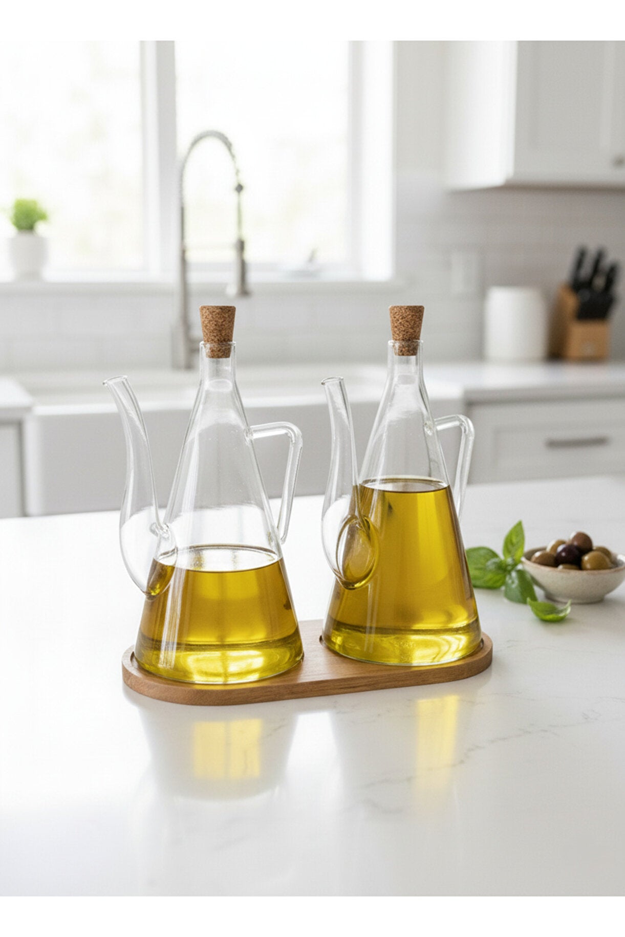 3 Piece Set Wooden Stand Wooden Lid Borosilicate Glass Oil Bottle (500 ml)