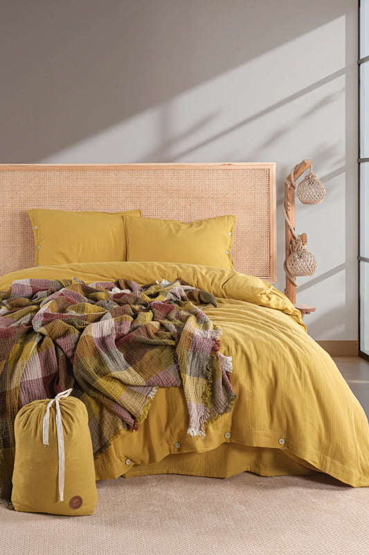 Cloudy Mood 2 Layer Muslin Double Duvet Cover Set - Mustard