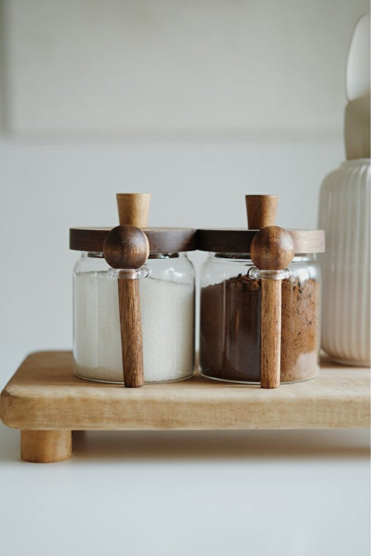 Acacia Glass Storage Jar with Lid & Spoon - Set of 2