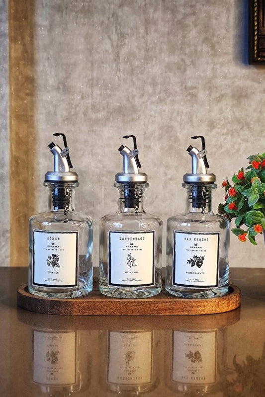 Wooden Stand Transparent 3 Piece 250 ml Oil Can - White Label