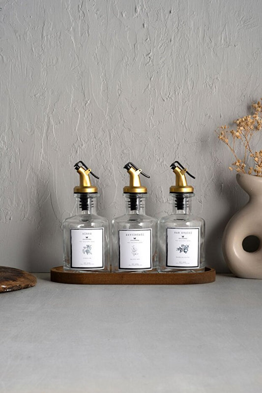 Wooden Stand Transparent 3 Piece 250 ml Oil Can - White Label