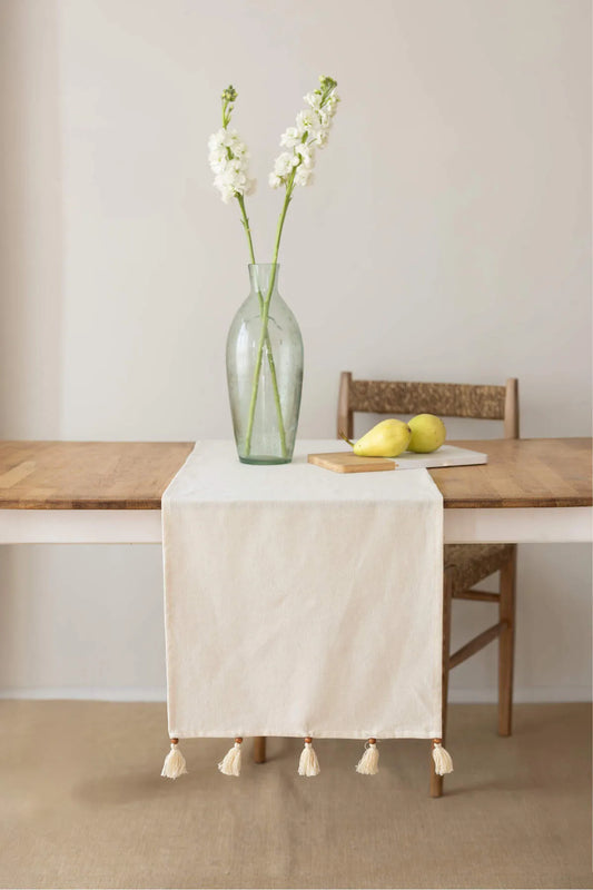 Organic Raw Texture Linen Runner with Pompoms 40 X 150 Cm