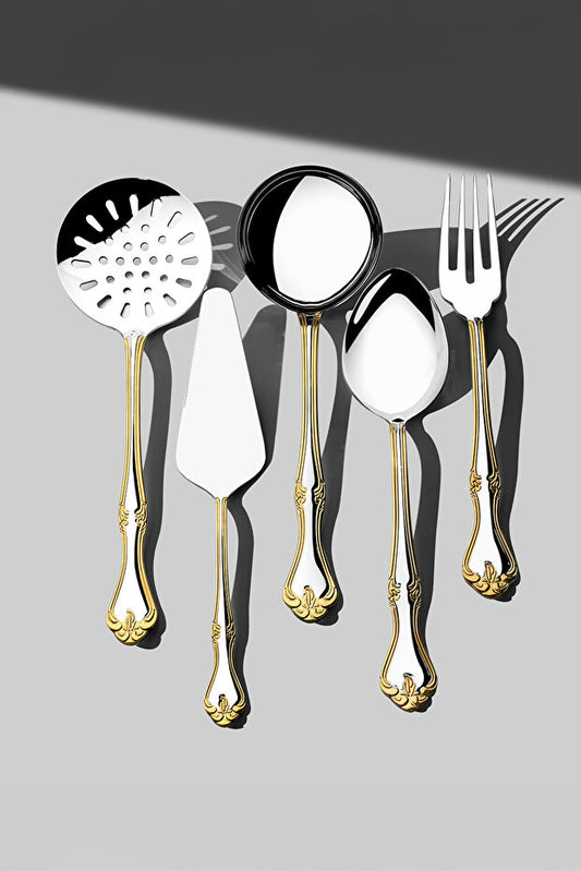 Lalezar Satin 5 Piece Stainless Steel Serving Set - Gold