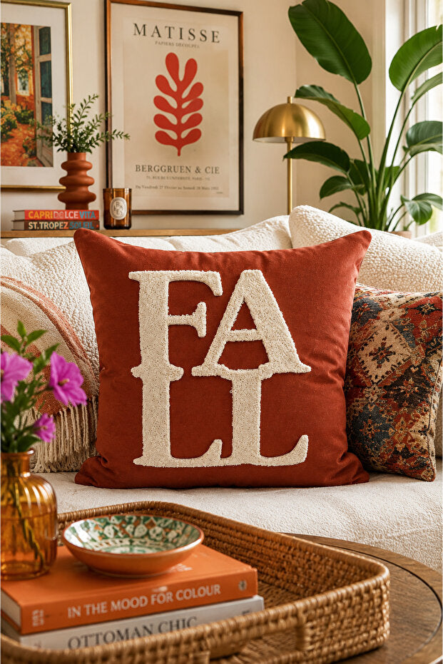 FALL Embroidered Decorative Pillow Cover 43×43 cm – Terracotta