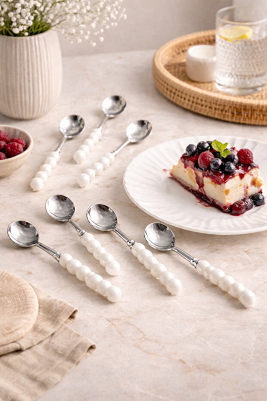 Modern White Pearl Set of 6 Dessert Spoon Set - Silver