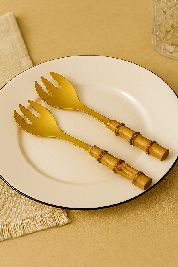 2 Piece Salad Serving Fork Set with Bamboo Handles - Gold