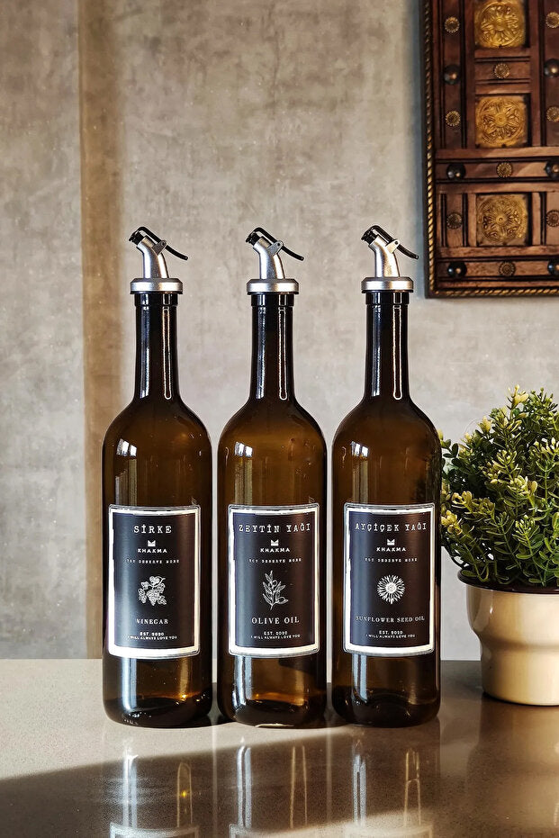 Amber Glass Set of 3 Oil and Vinegar Dispensers 750 ml - Silver