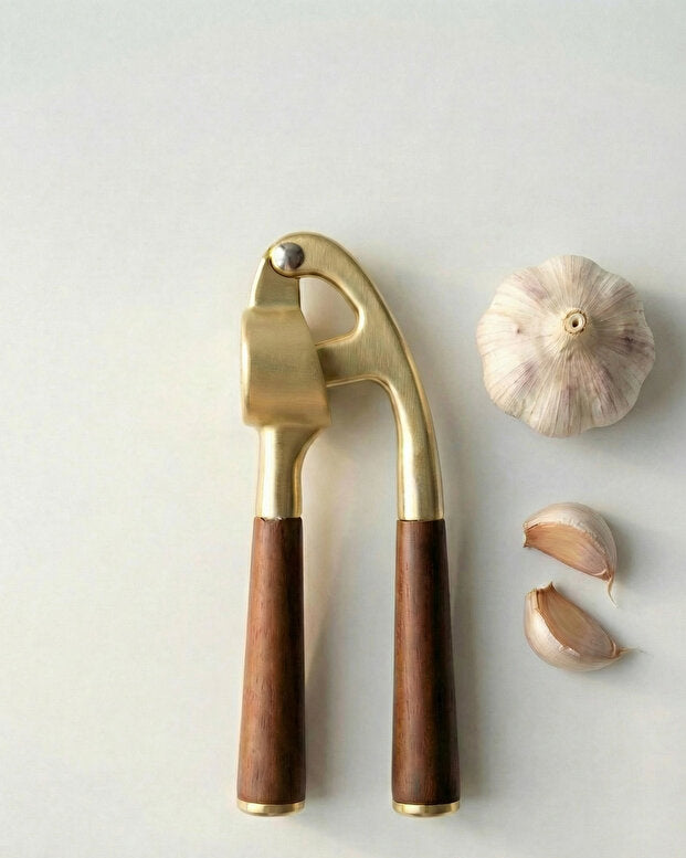 Gold Garlic Crusher with Acacia Handle