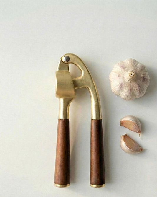 Gold Garlic Crusher with Acacia Handle