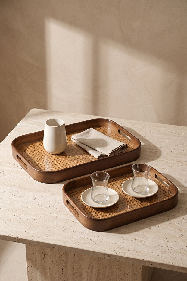 Aruna Acacia & Rattan Rectangular Serving Tray Set – 2 Piece