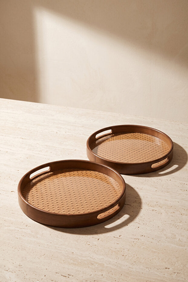 Aruna Acacia & Rattan Round Serving Tray Set – 2 Piece