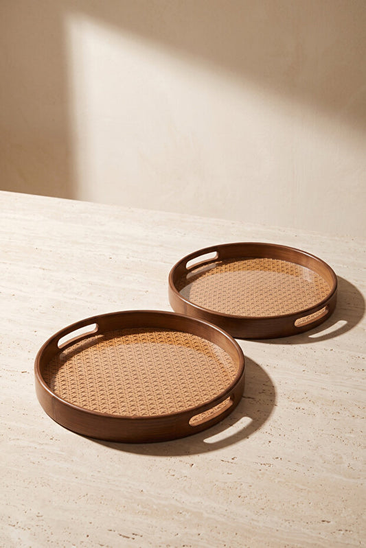 Aruna Acacia & Rattan Round Serving Tray Set – 2 Piece