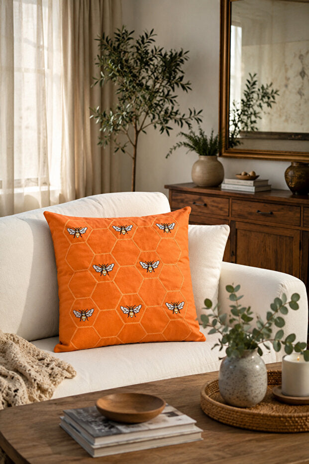 Embroidered Suede Cushion Cover 43x43 cm – Orange