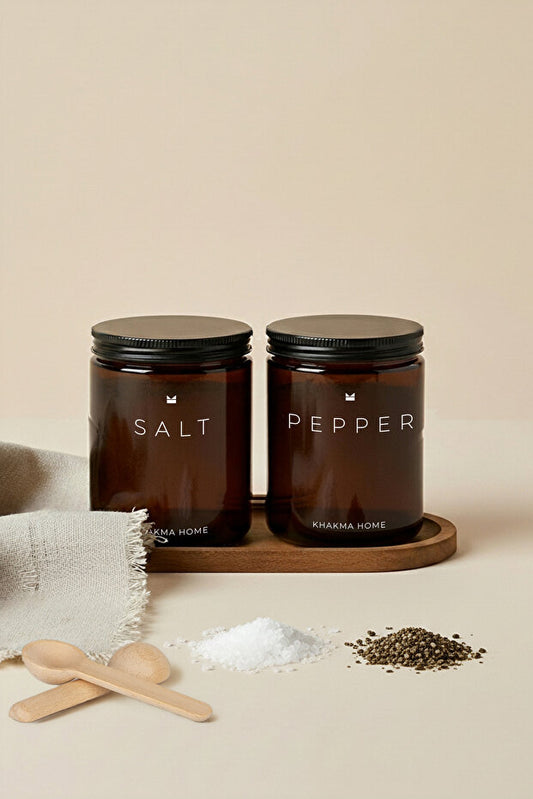 Amber Glass Spice Jar 2 Piece Set With Wooden Stand