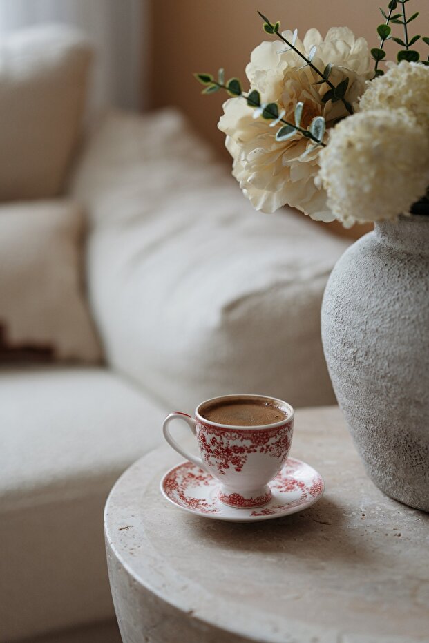 Vintage Red Porcelain 2 Person Coffee Cup Set