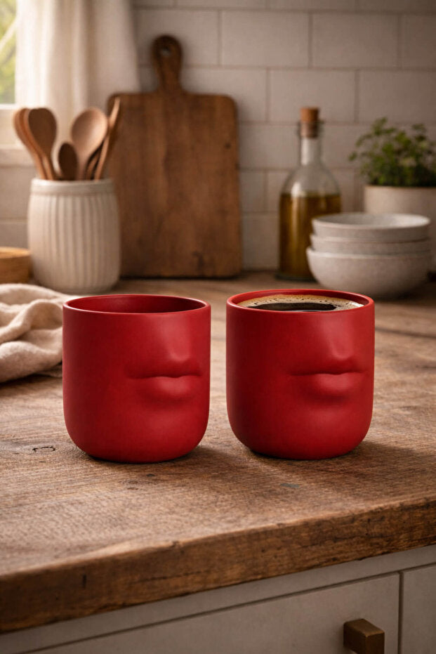 2 Piece Handmade Ceramic Red Lip Mug / Cup