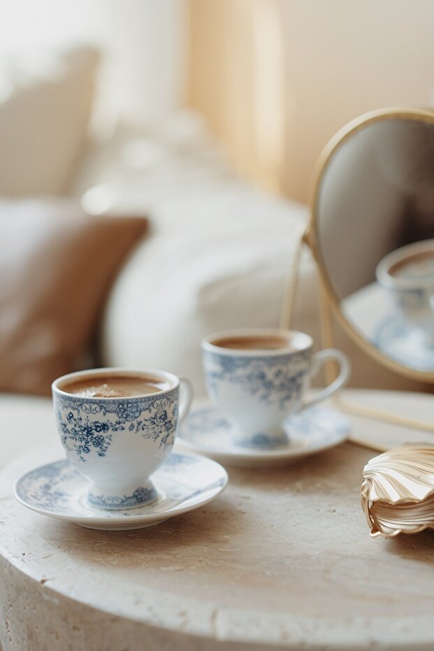 Vintage Blue Porcelain 2 Person Coffee Cup Set