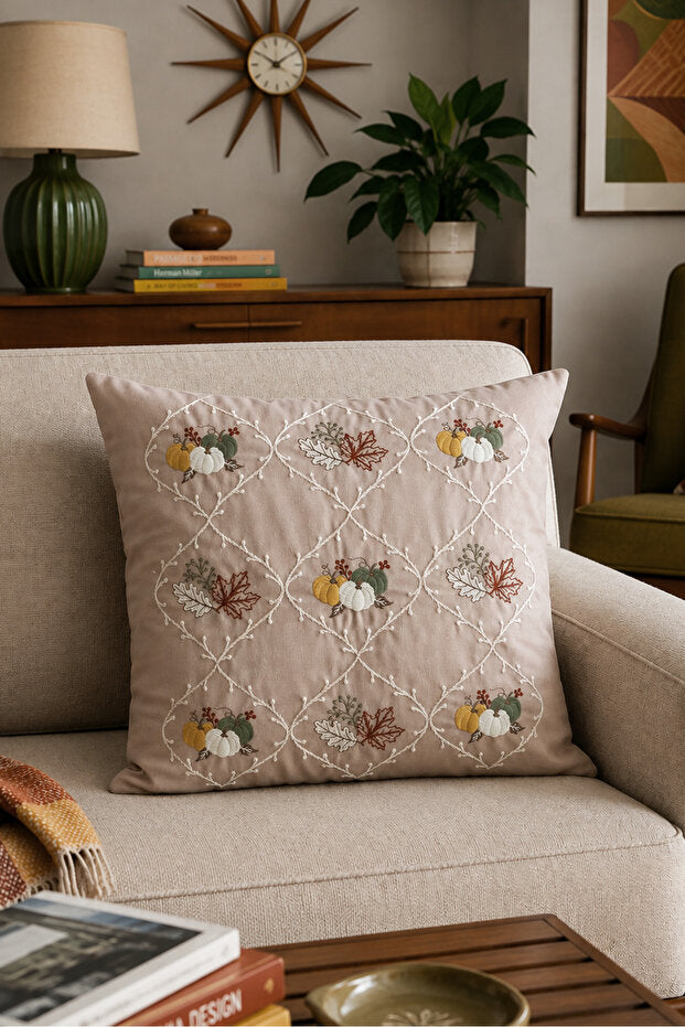 Embroidered Cushion Cover 43x43 cm – Beige Autumn