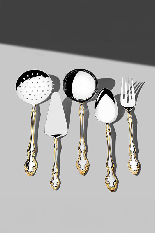 Adriana Satin 5 Piece Stainless Steel Serving Set - Gold